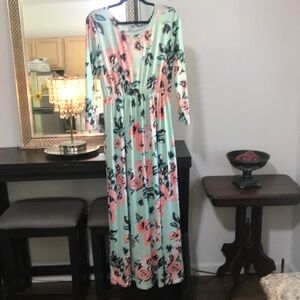 Pink and Green Floral Round-Neck Long Sleeve Sundress.